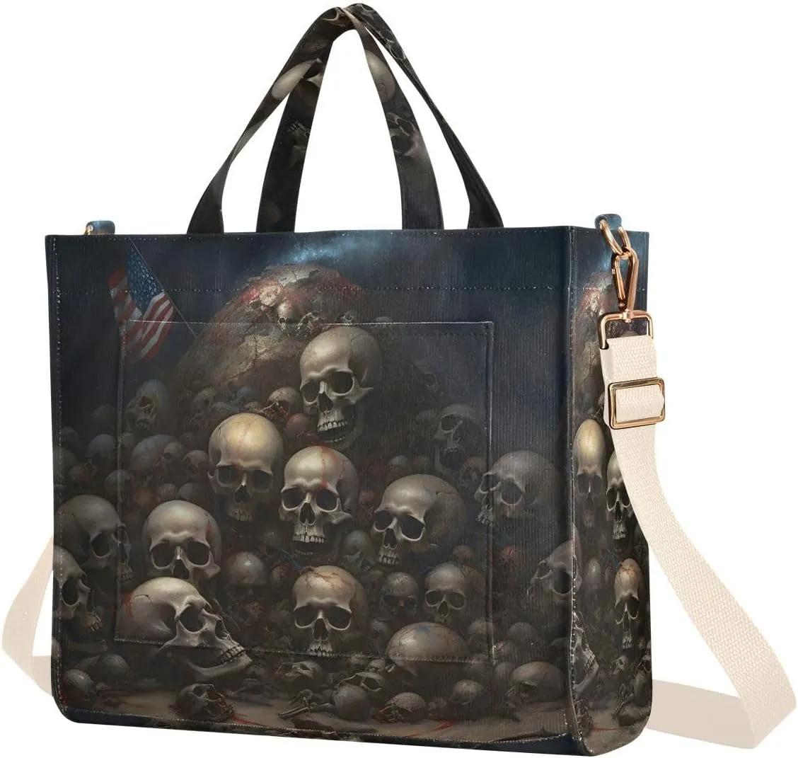 Corduroy Tote Bag for Women American Skull Pile Print, Handbag Purses with Detachable Strap Size Small
