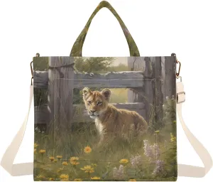 Corduroy Women Tote Bag Cub Lion Print, Handbag Purses with Detachable Strap Small Size