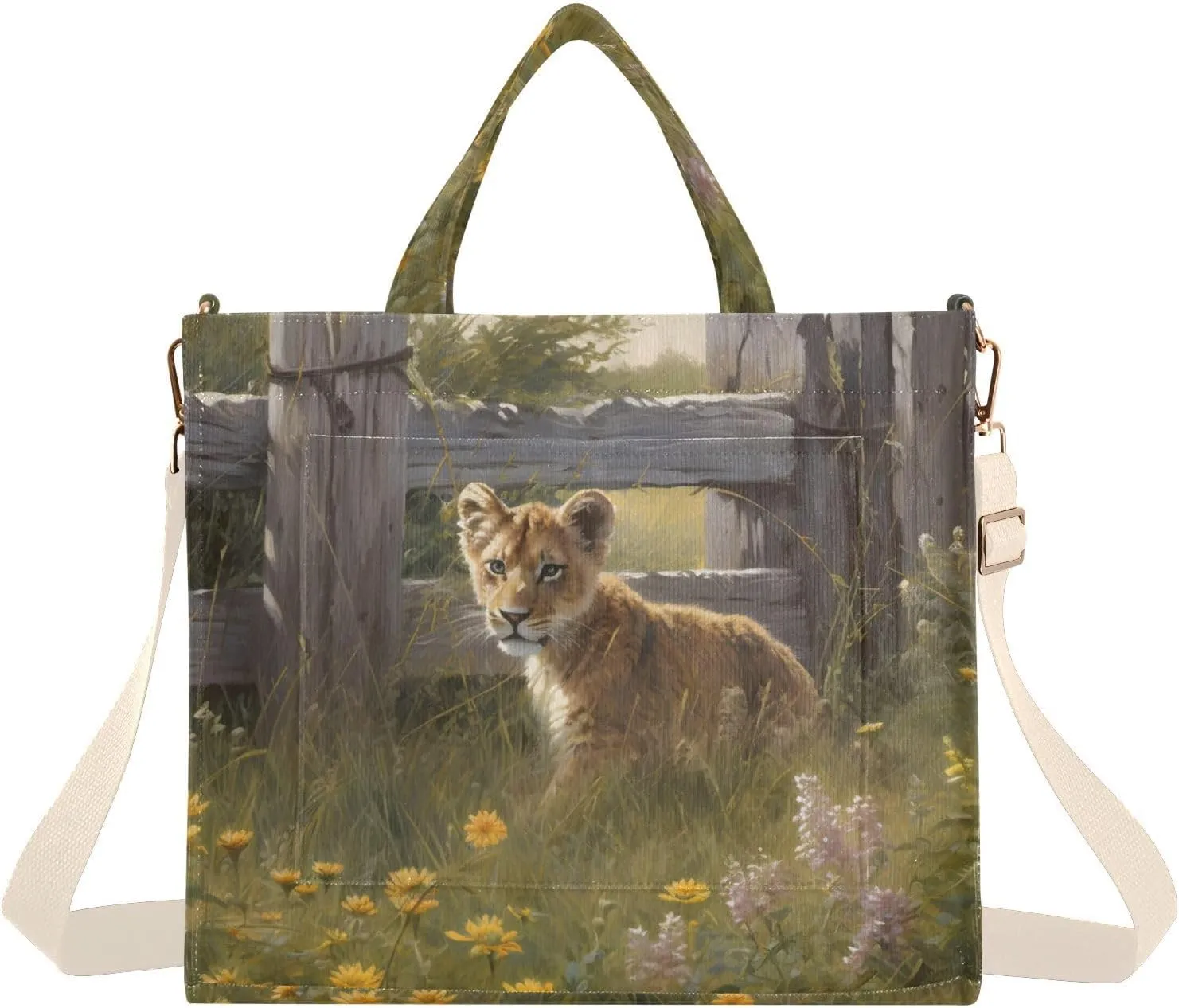 Corduroy Women Tote Bag Cub Lion Print, Handbag Purses with Detachable Strap Small Size