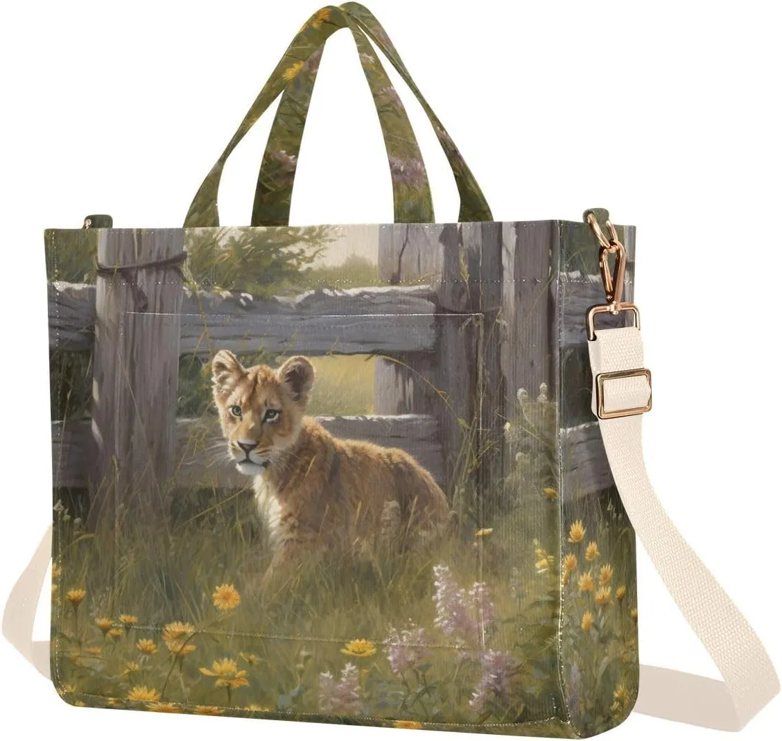 Corduroy Women Tote Bag Cub Lion Print, Handbag Purses with Detachable Strap Small Size