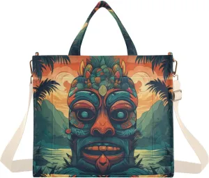 Corduroy Women Tote Bag Polynesian Tiki Mask Print, Handbag Purses with Detachable Strap Small Size