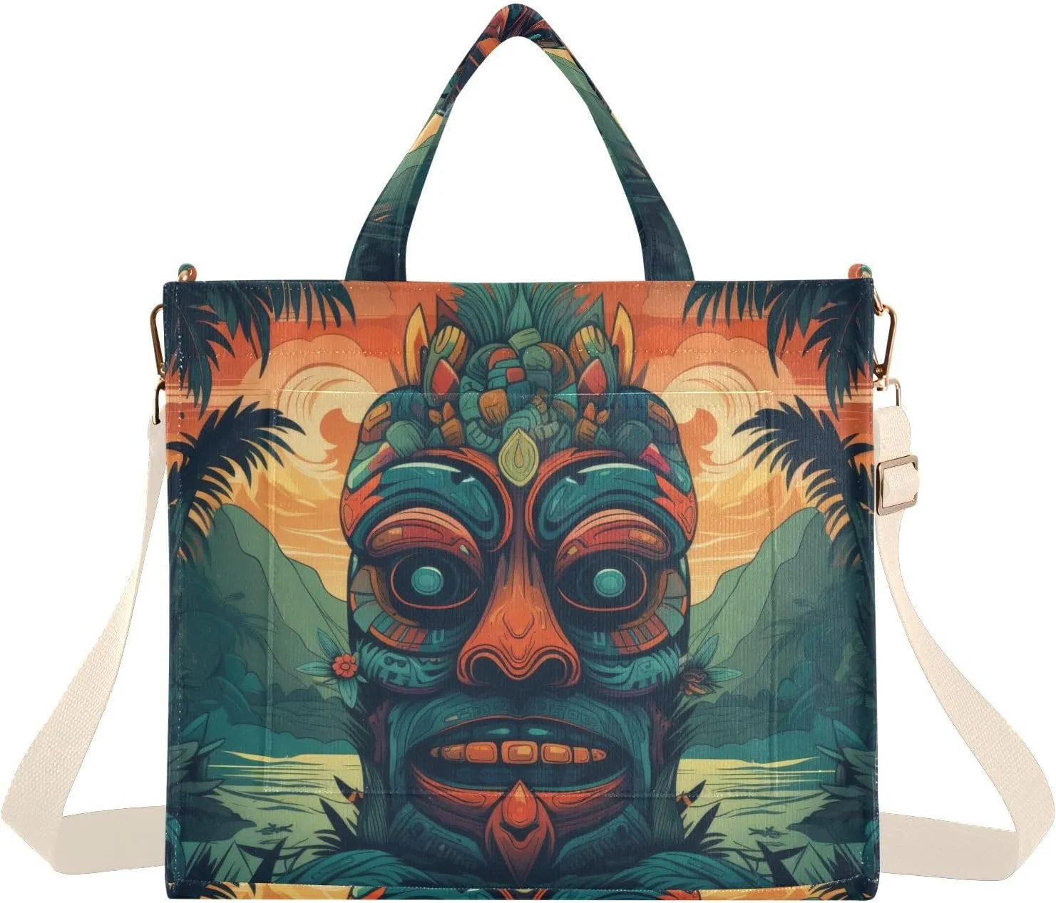 Corduroy Women Tote Bag Polynesian Tiki Mask Print, Handbag Purses with Detachable Strap Small Size