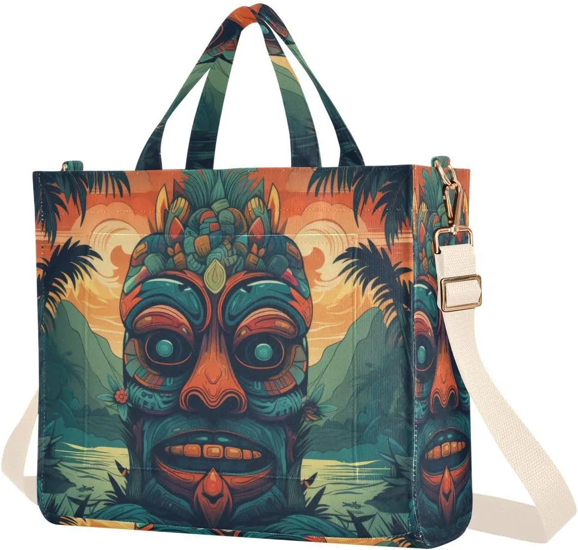 Corduroy Women Tote Bag Polynesian Tiki Mask Print, Handbag Purses with Detachable Strap Small Size