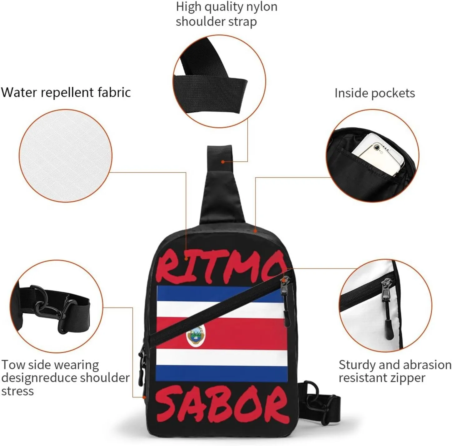Costa Rica Flag Costa Rican Flags Packable Crossbody Bag Portable Sling Bags Foldable Travel Daypack Reusable Sports Shoulder Backpack Diagonally Chest Bag for Workout