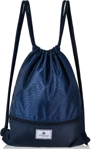 COSTWAY Drawstring Backpack, Folding Sports Gym Sackpack with Zipper Pockets, String Cinch Bag for Gym Shopping Sport Yoga Beach Travel Camping Workout Gear (Blue)