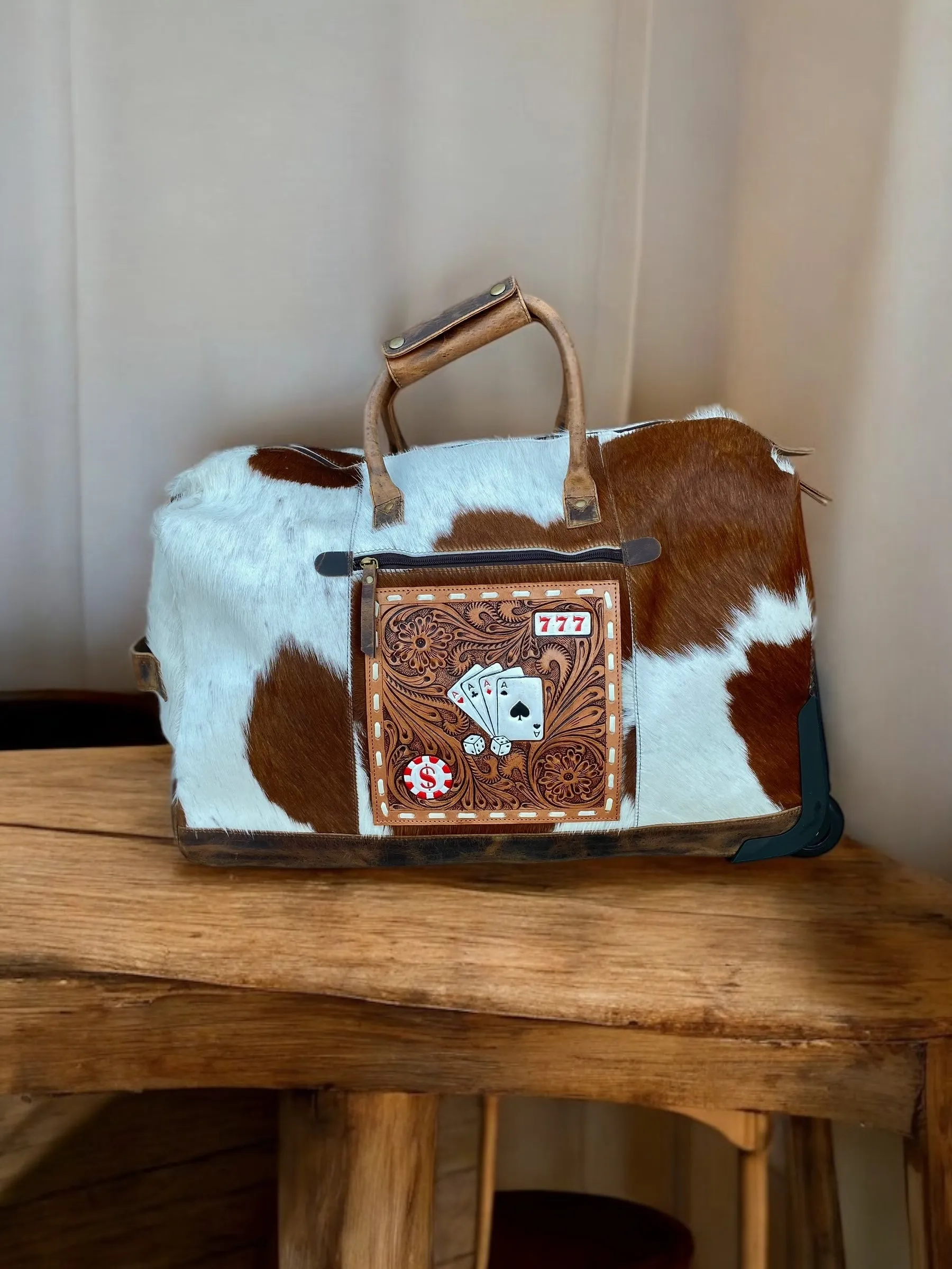 Cowhide Rolling Luggage Duffle Bag Cards