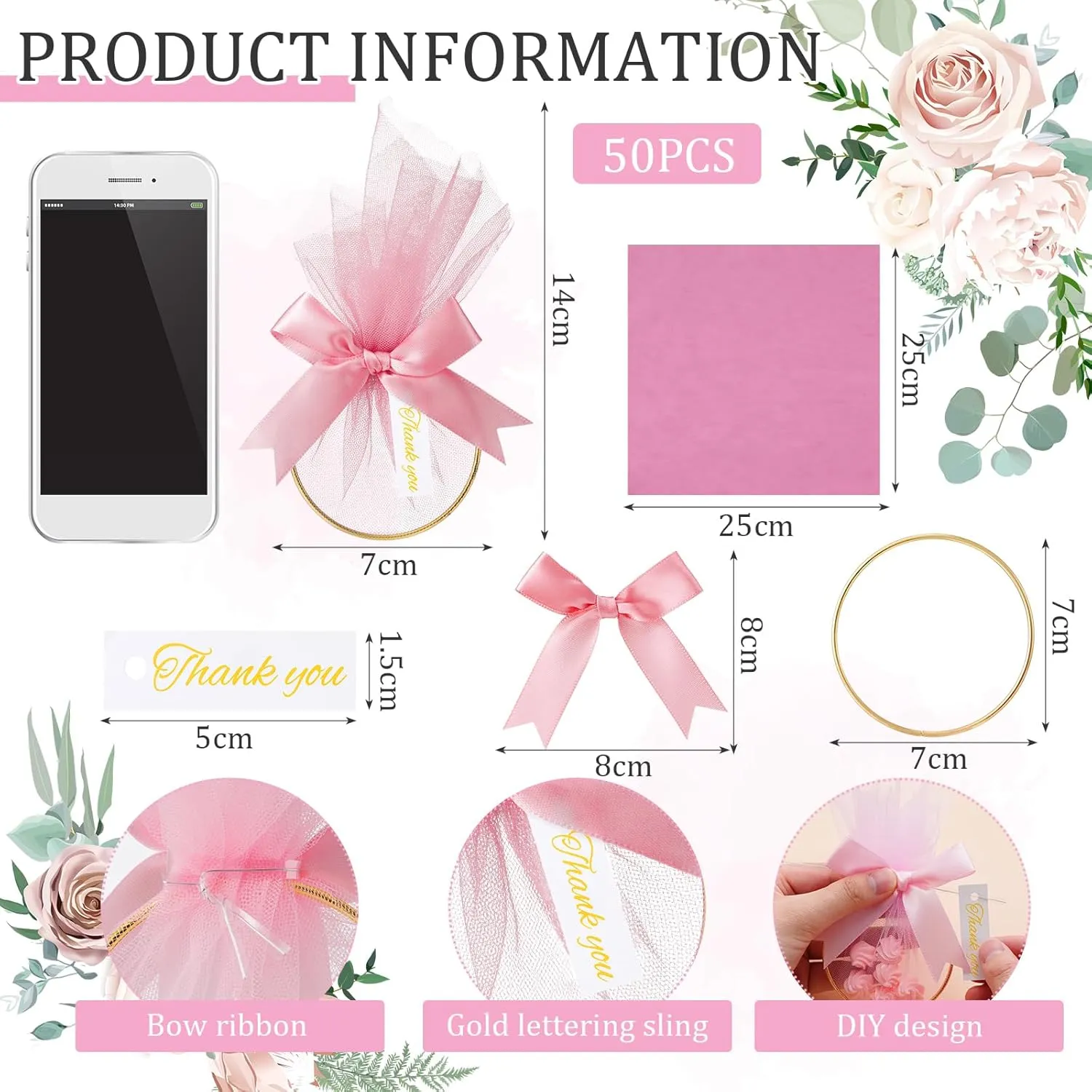 CPEGHDVM 50 Pcs 5.9 * 2.7in Wedding Favor Bags DIY Party Candy Favors Pouches Party Favors for Guests for Wedding Bridal Shower Baby Shower Birthday Party Decoration (Pink)