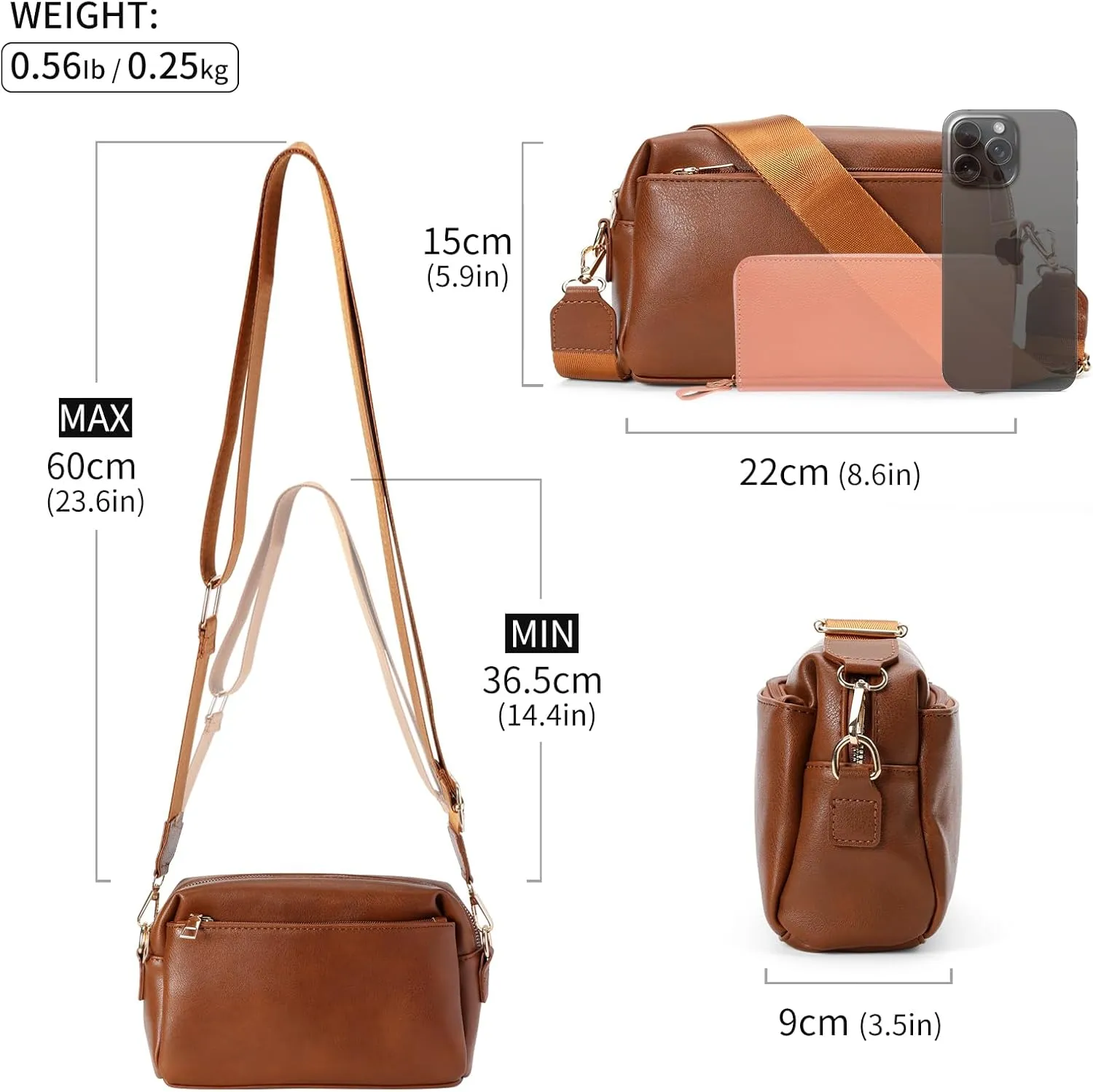 Crossbody Bags for Women Triple Zip Compartment Purses Vegan Leather Shoulder Handbags with Adjustable Shoulder Strap