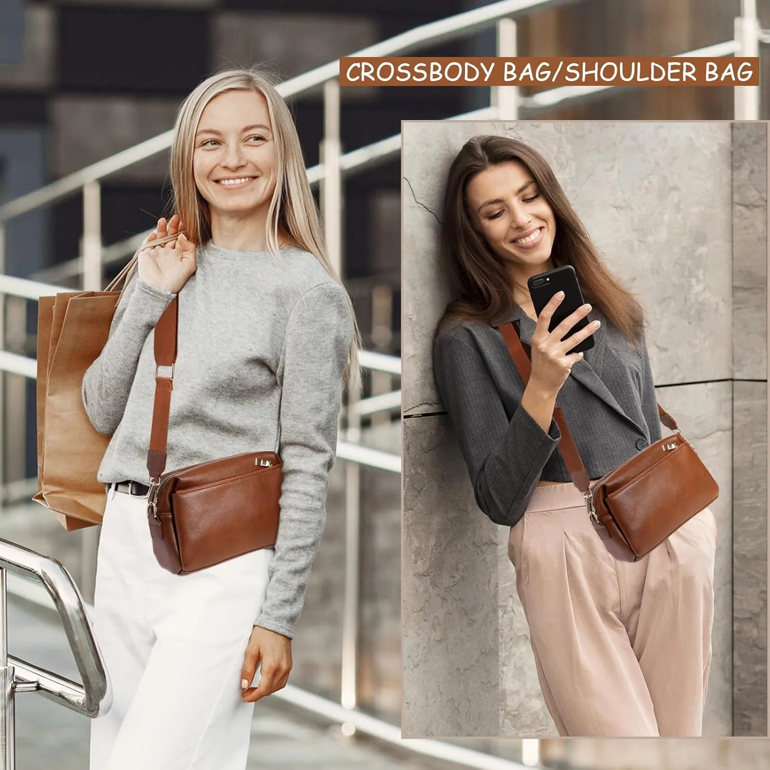 Crossbody Bags for Women Triple Zip Compartment Purses Vegan Leather Shoulder Handbags with Adjustable Shoulder Strap