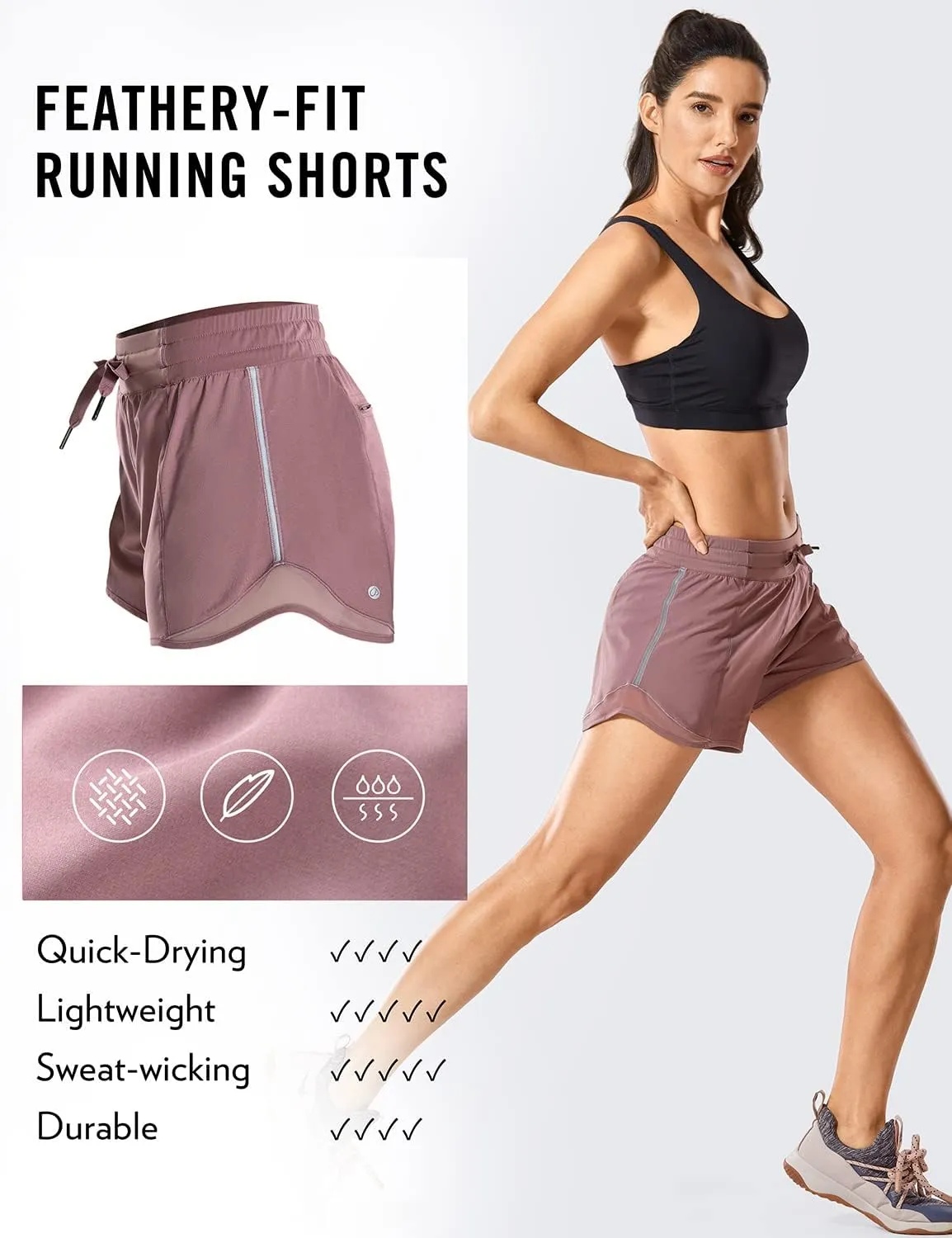 CRZ YOGA Womens Athletic Running Shorts with Zip Pocket, 4" Mid-Waist Mesh Liner Gym Workout Shorts