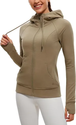 CRZ YOGA Women's Full Zip Hooded Sweatshirts Workout Sweat Jackets Slim Fit Running Track Hoodies with Thumbholes