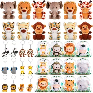 Ctosree 12pcs Jungle Safari Party Favors, Jungle Party Decorations, Safari Animal Keychains, Animal Theme Drawstring Backpack, Jungle Plush Toys for Goodie Bag Fillers, Safari Theme Party Supplies