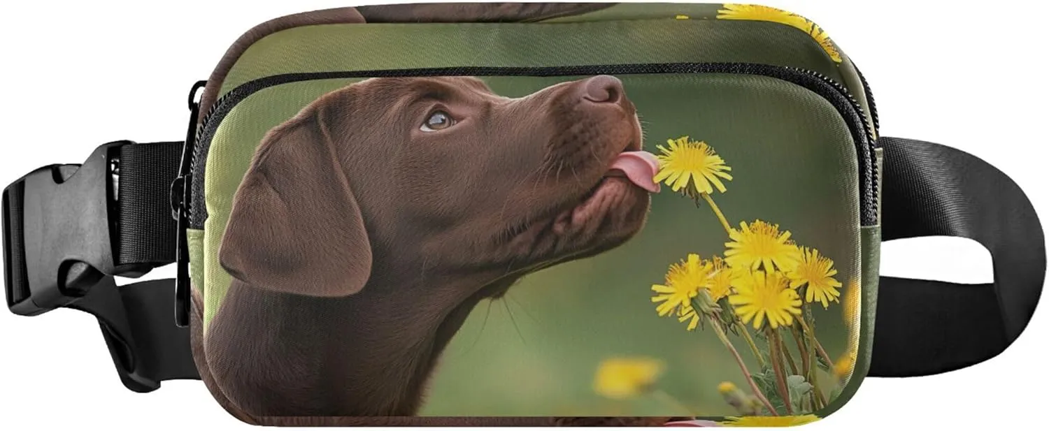 Curious Labrador Puppy Dandelion Waterproof Fanny Packs for Women Hip Bag Belt Purse Funny Crossbody Waist Purse