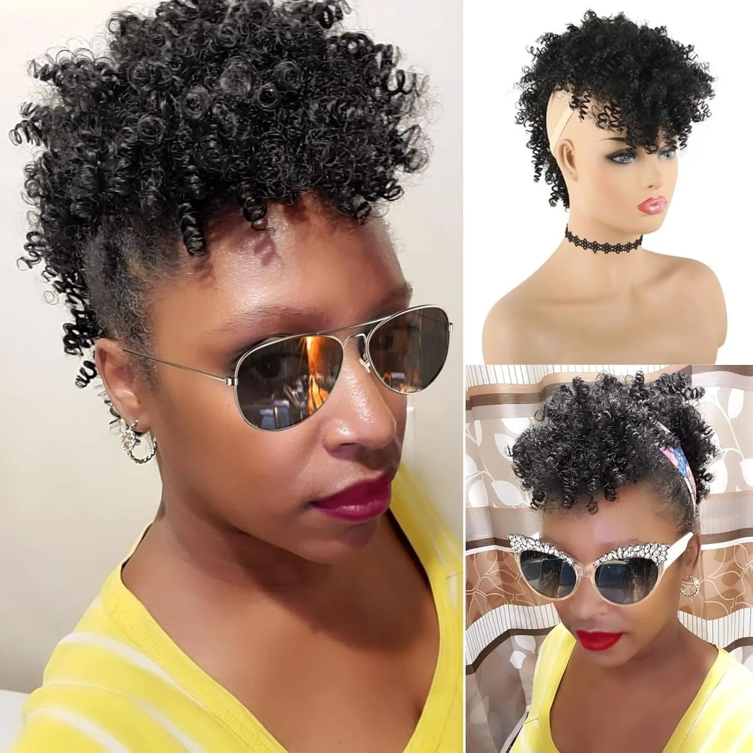Curly Afro Mohawk Wig Faux Hawk Clip in Hair Extension for Black Women, Jerry Curly Synthetic Clip on Ponytail Wigs Black Fake Pony Tail Hairpiece (1B)