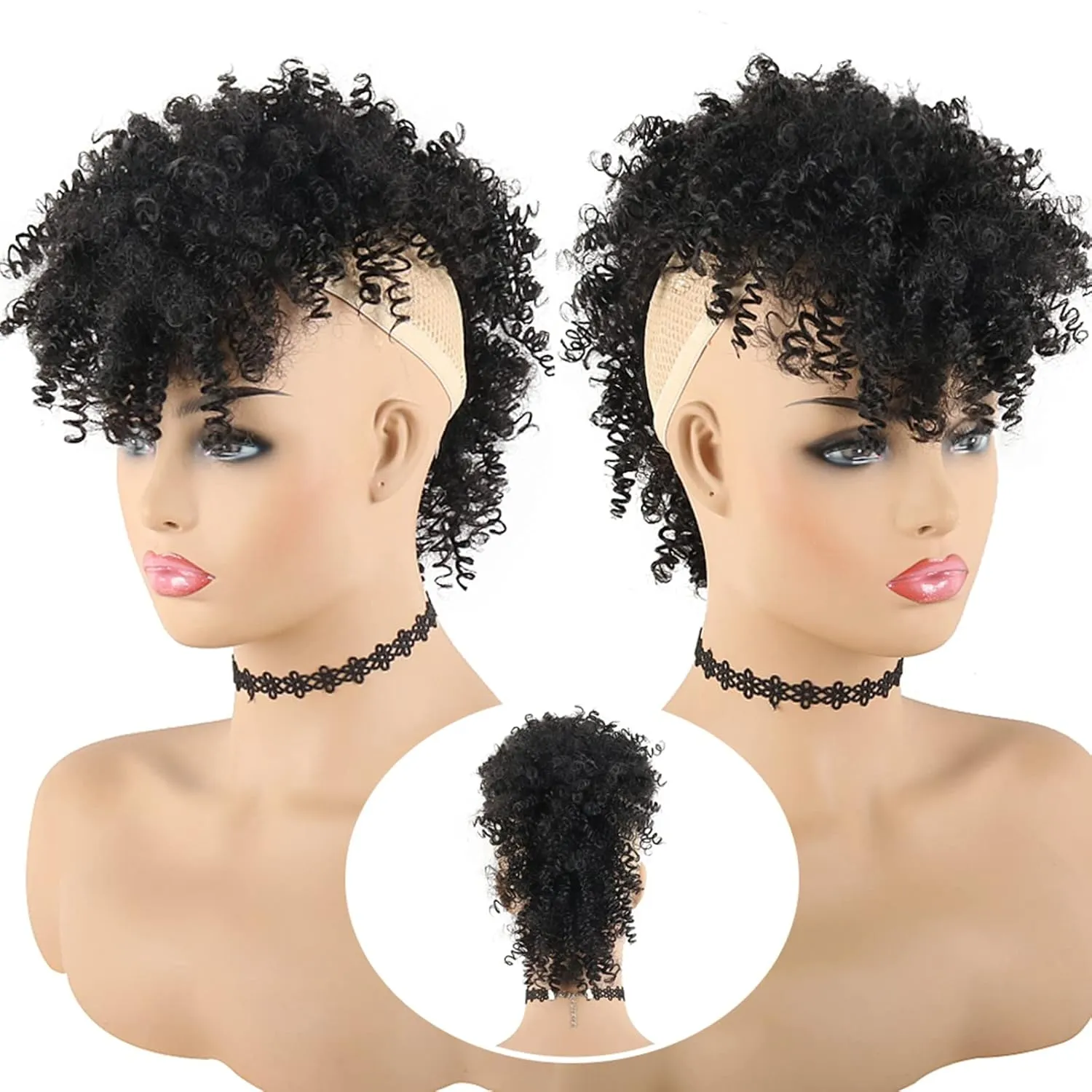 Curly Afro Mohawk Wig Faux Hawk Clip in Hair Extension for Black Women, Jerry Curly Synthetic Clip on Ponytail Wigs Black Fake Pony Tail Hairpiece (1B)