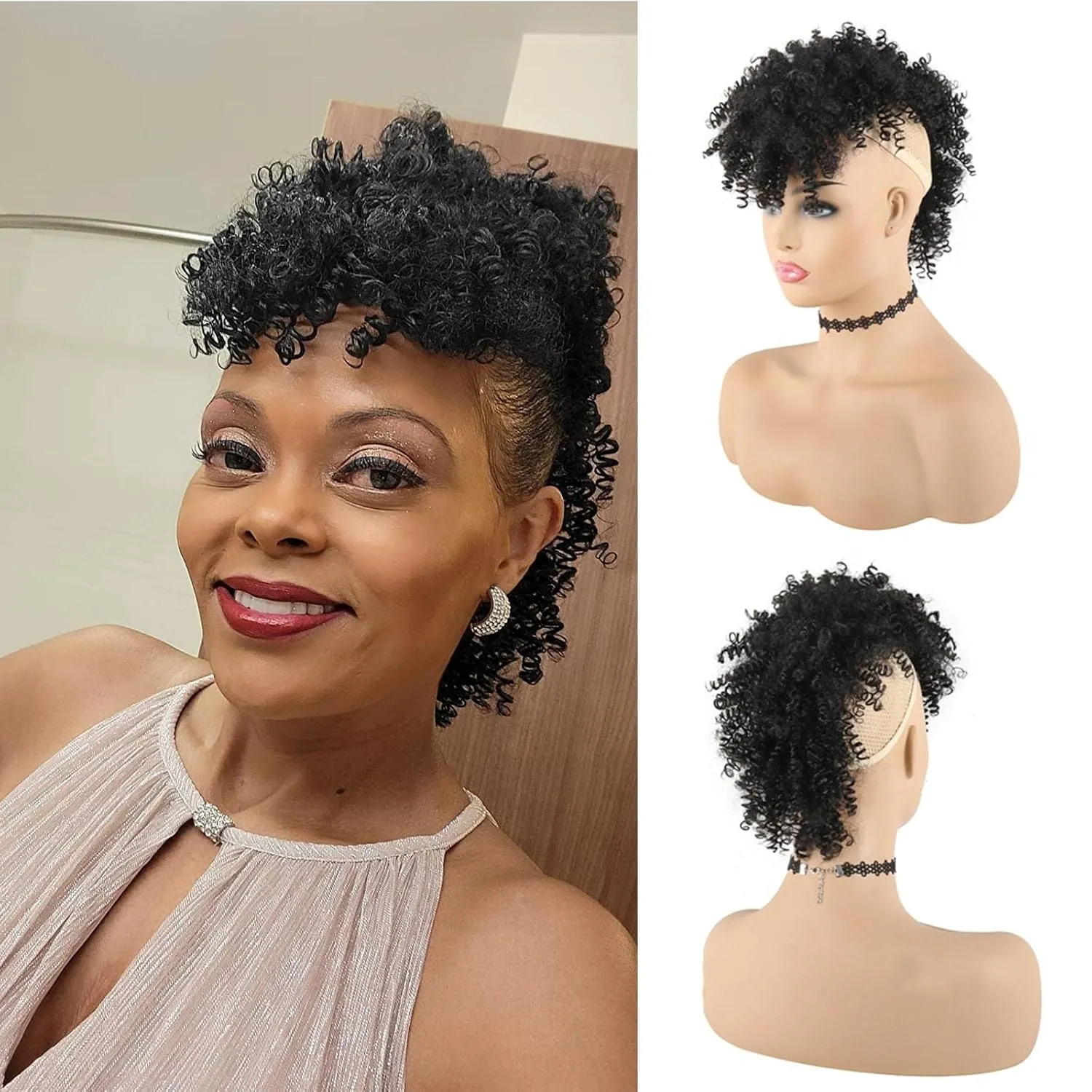 Curly Afro Mohawk Wig Faux Hawk Clip in Hair Extension for Black Women, Jerry Curly Synthetic Clip on Ponytail Wigs Black Fake Pony Tail Hairpiece (1B)