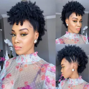 Curly Afro Mohawk Wig Faux Hawk Clip in Hair Extension for Black Women, Jerry Curly Synthetic Clip on Ponytail Wigs Black Fake Pony Tail Hairpiece (1B)