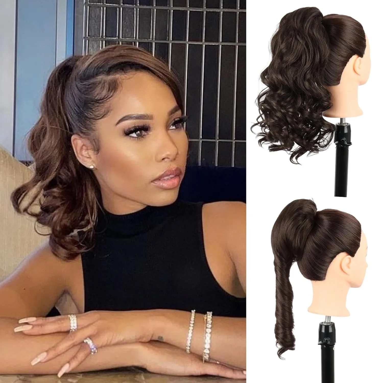 Curly Ponytail Extension 14 Inches Short Brown Wavy Synthetic Drawstring Ponytail Hairpieces for Women Clip in Ponytail Hair Extensions (#4)