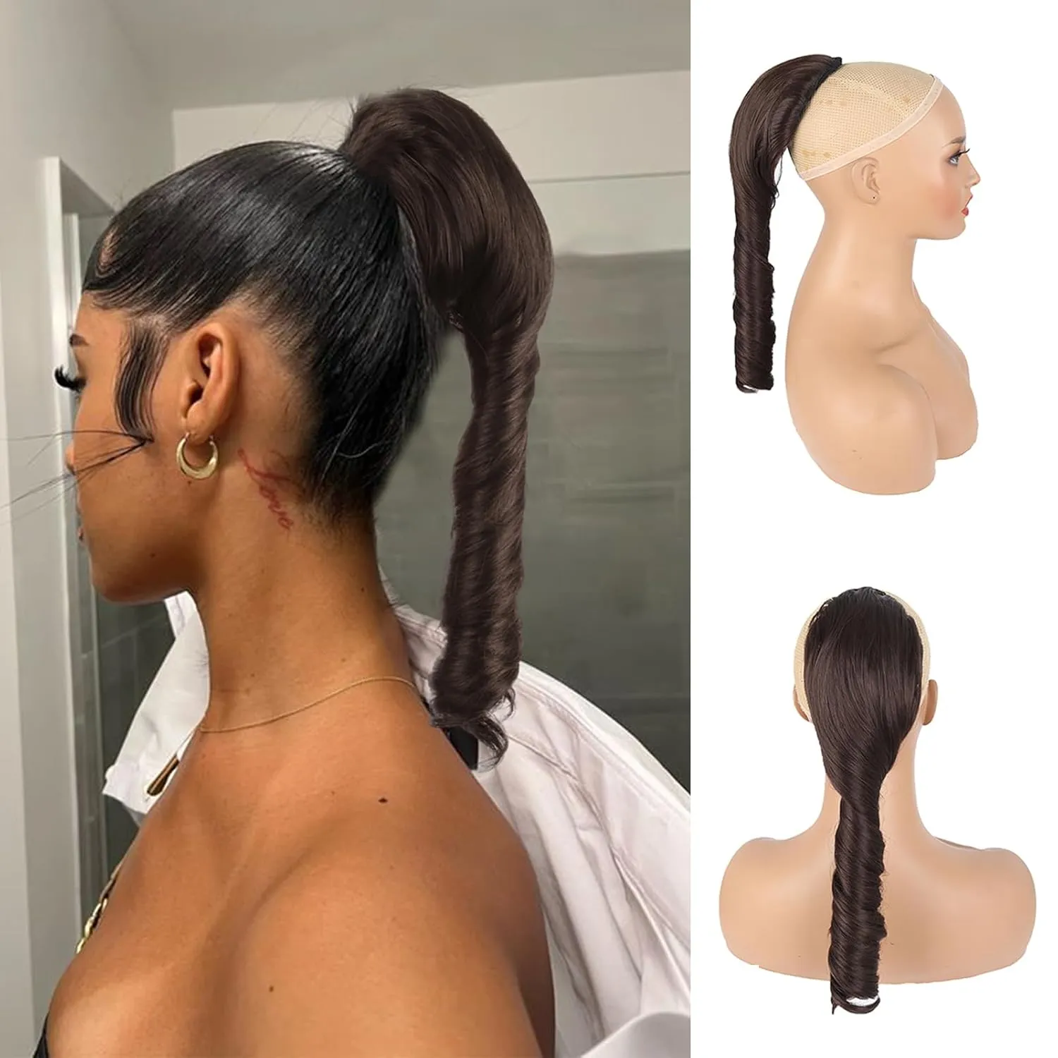Curly Ponytail Extension 14 Inches Short Brown Wavy Synthetic Drawstring Ponytail Hairpieces for Women Clip in Ponytail Hair Extensions (#4)