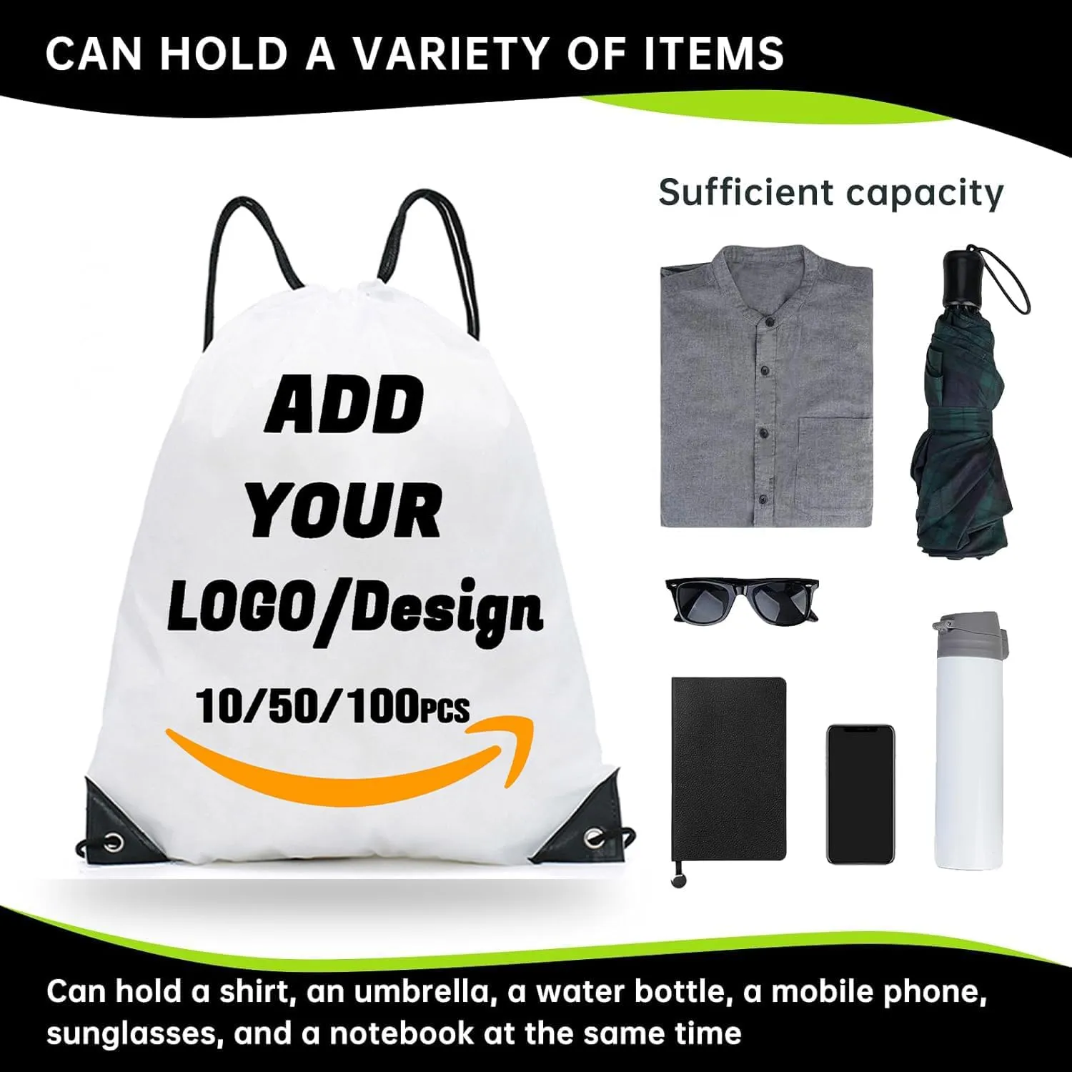 Custom Drawstring Backpack 10/50/100/200 Pcs Personalized Bulk Sport Draw String Bags with Logo, Text, Design, Customized Promotional Items White