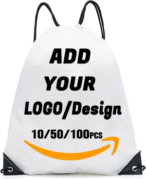 Custom Drawstring Backpack 10/50/100/200 Pcs Personalized Bulk Sport Draw String Bags with Logo, Text, Design, Customized Promotional Items White
