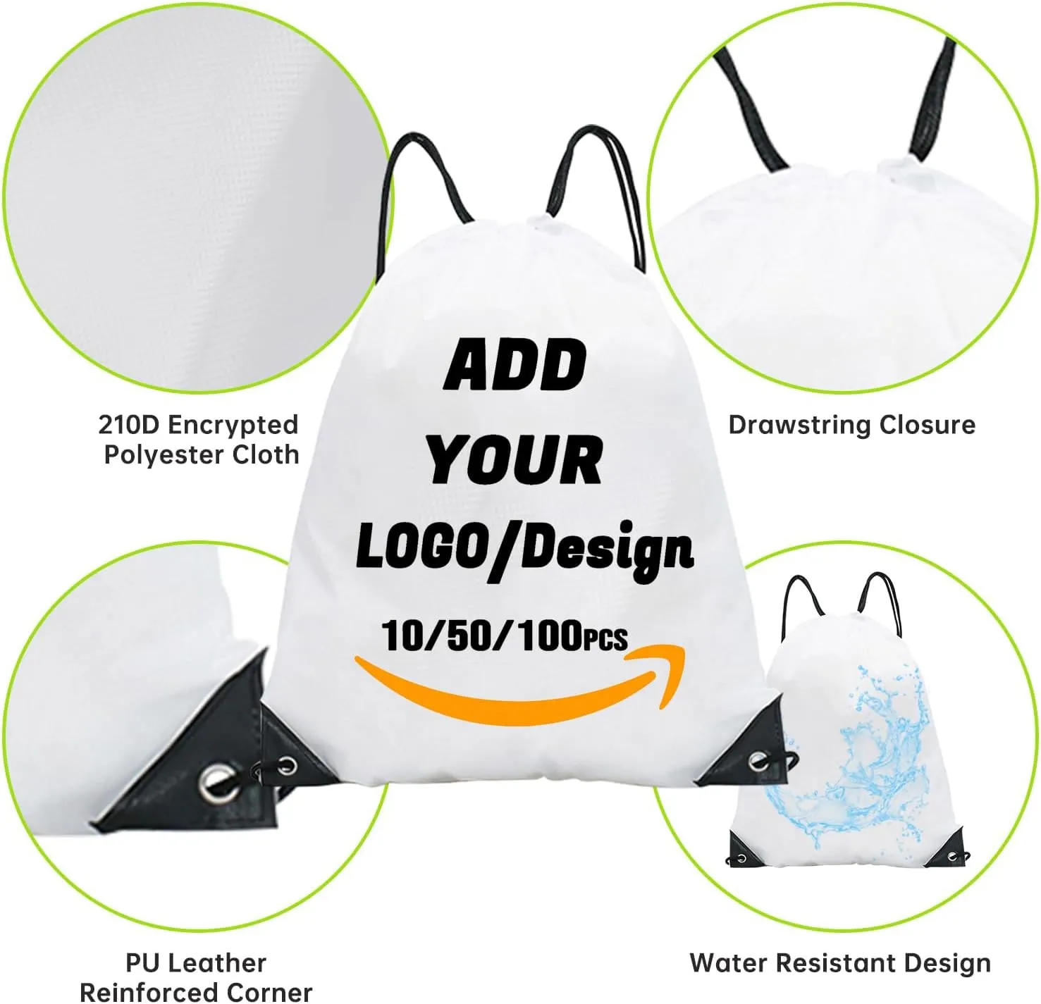 Custom Drawstring Backpack 10/50/100/200 Pcs Personalized Bulk Sport Draw String Bags with Logo, Text, Design, Customized Promotional Items White