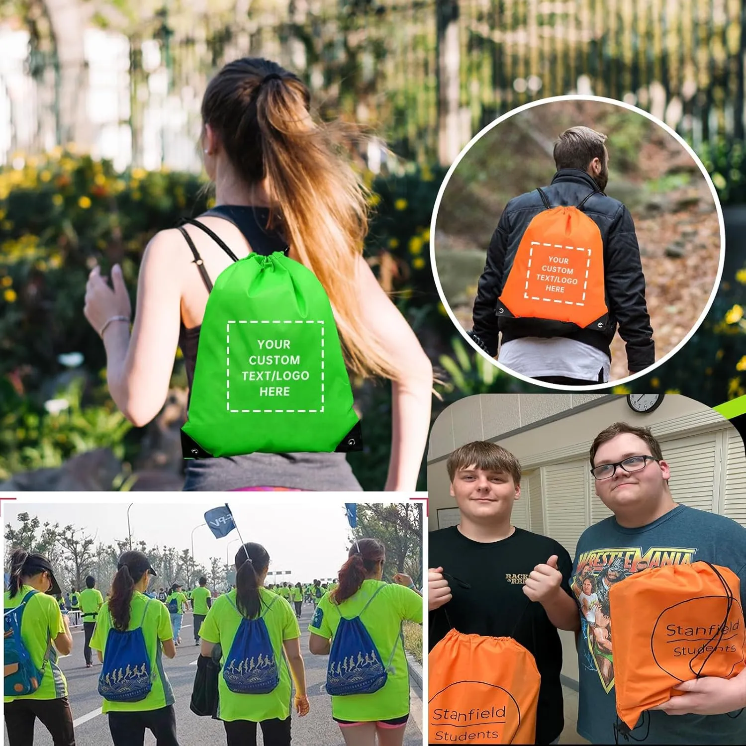 Custom Drawstring Backpack 10/50/100/200 Pcs Personalized Bulk Sport Draw String Bags with Logo, Text, Design, Customized Promotional Items White