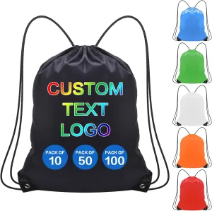 custom drawstring Backpacks bags 100 pack, personalized Logo Text, bulk, Black