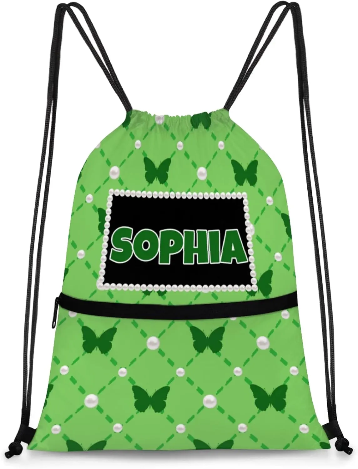Custom Gymnastics Ballet Drawstring Bag with Name, Personalized Spring Green Dance Bags Gym Drawstring Bag, Green Butterflies Pattern with Pearl Picture Printed