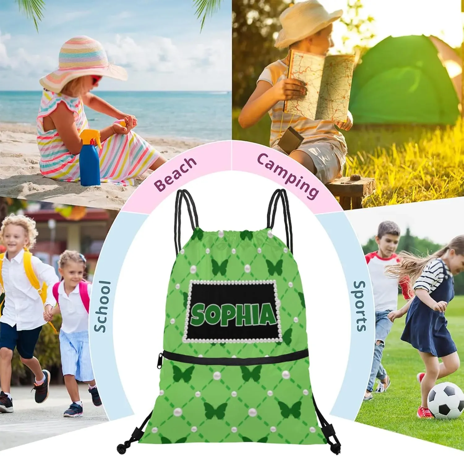 Custom Gymnastics Ballet Drawstring Bag with Name, Personalized Spring Green Dance Bags Gym Drawstring Bag, Green Butterflies Pattern with Pearl Picture Printed