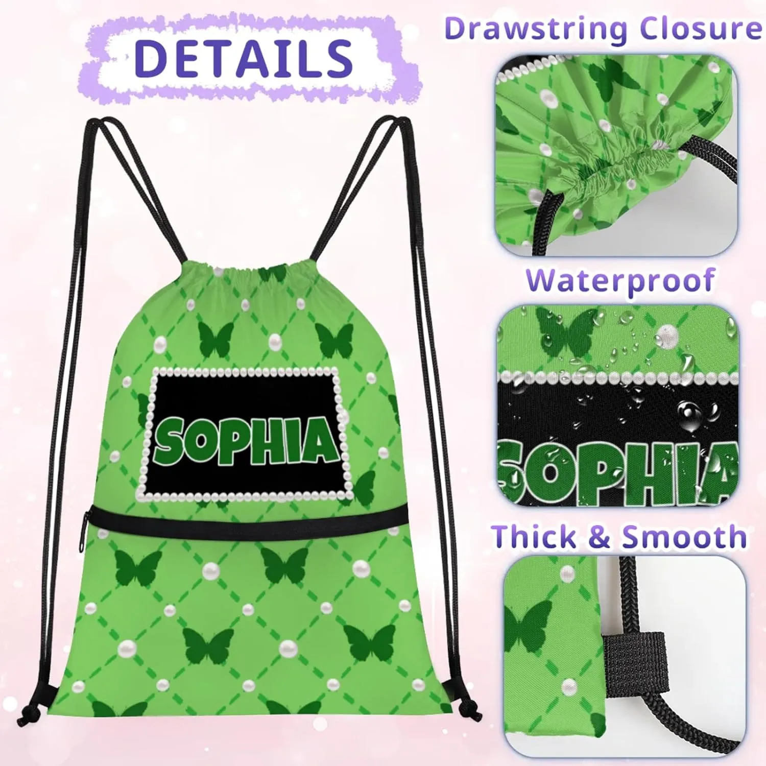 Custom Gymnastics Ballet Drawstring Bag with Name, Personalized Spring Green Dance Bags Gym Drawstring Bag, Green Butterflies Pattern with Pearl Picture Printed