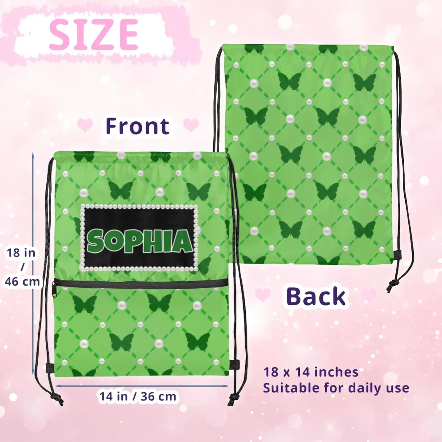 Custom Gymnastics Ballet Drawstring Bag with Name, Personalized Spring Green Dance Bags Gym Drawstring Bag, Green Butterflies Pattern with Pearl Picture Printed