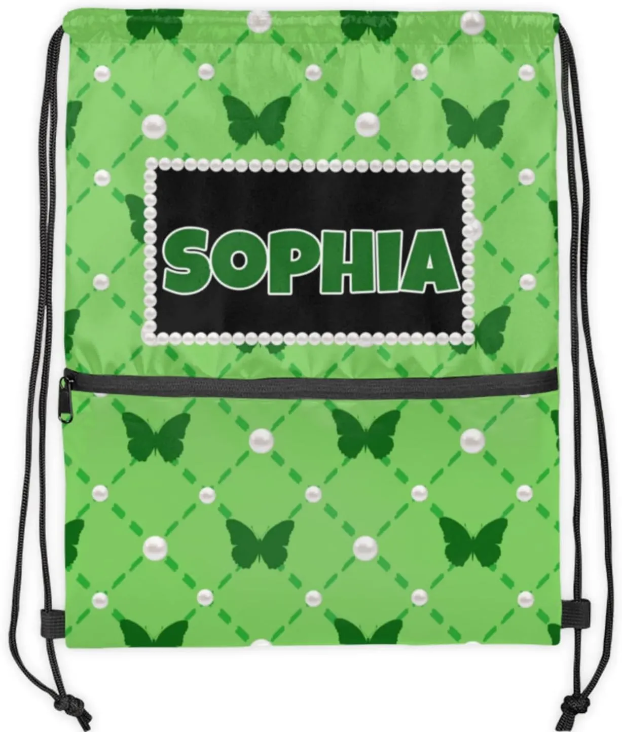 Custom Gymnastics Ballet Drawstring Bag with Name, Personalized Spring Green Dance Bags Gym Drawstring Bag, Green Butterflies Pattern with Pearl Picture Printed