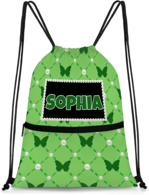 Custom Gymnastics Ballet Drawstring Bag with Name, Personalized Spring Green Dance Bags Gym Drawstring Bag, Green Butterflies Pattern with Pearl Picture Printed