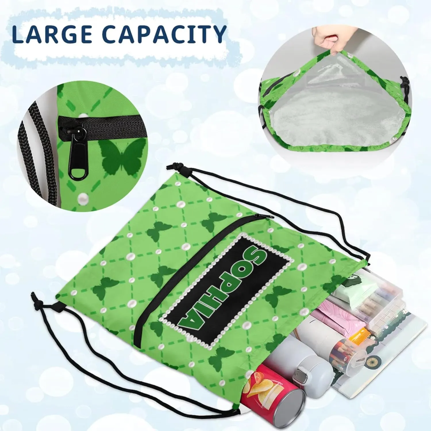 Custom Gymnastics Ballet Drawstring Bag with Name, Personalized Spring Green Dance Bags Gym Drawstring Bag, Green Butterflies Pattern with Pearl Picture Printed