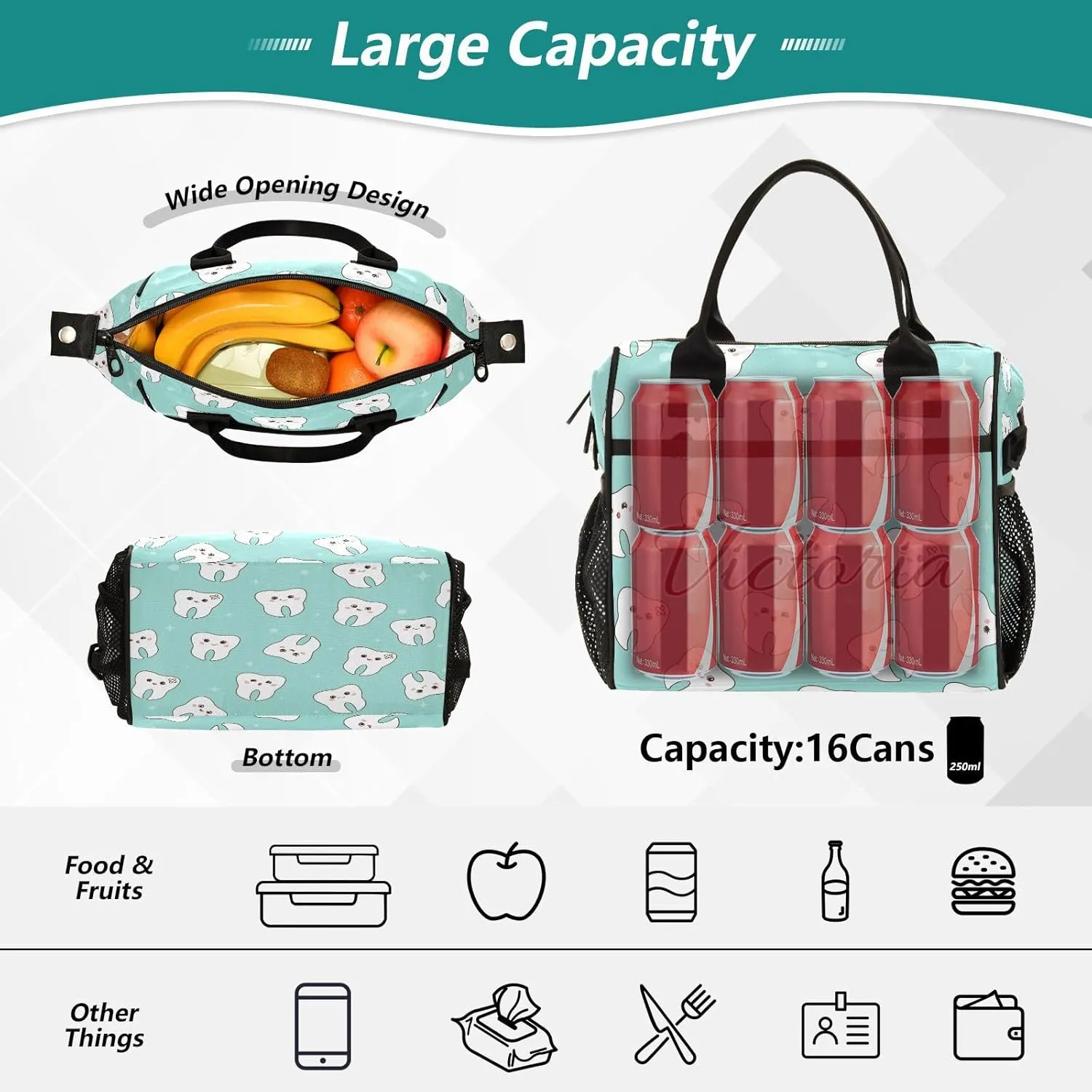 Custom Lunch Bag for Men Women Cute Teeth on Blue Personalized Insulated Lunch Box Customized Cooler Tote Food Container for School Office Picnic M