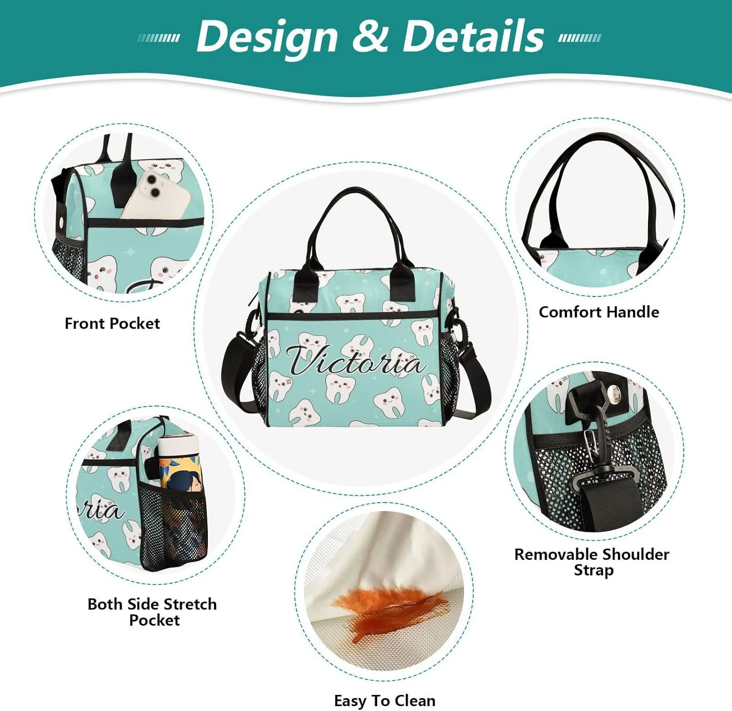 Custom Lunch Bag for Men Women Cute Teeth on Blue Personalized Insulated Lunch Box Customized Cooler Tote Food Container for School Office Picnic M