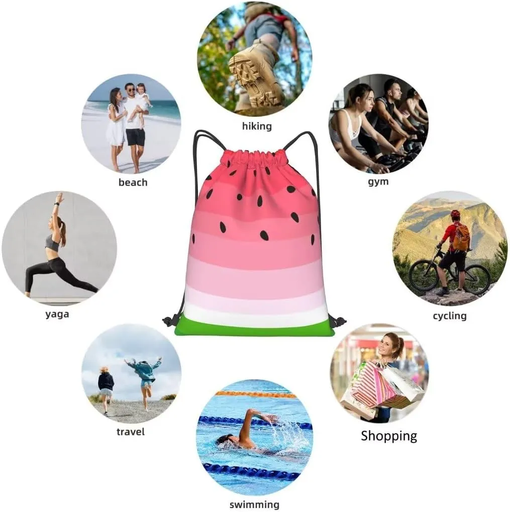 Cute Cartoon Watermelon Drawstring Bags Backpack Bag Watermelon Background with Black Seeds String Bag Tropical Summer Fruit Gym Backpack for Women Men Lightweight Sports Yoga Travel Bag