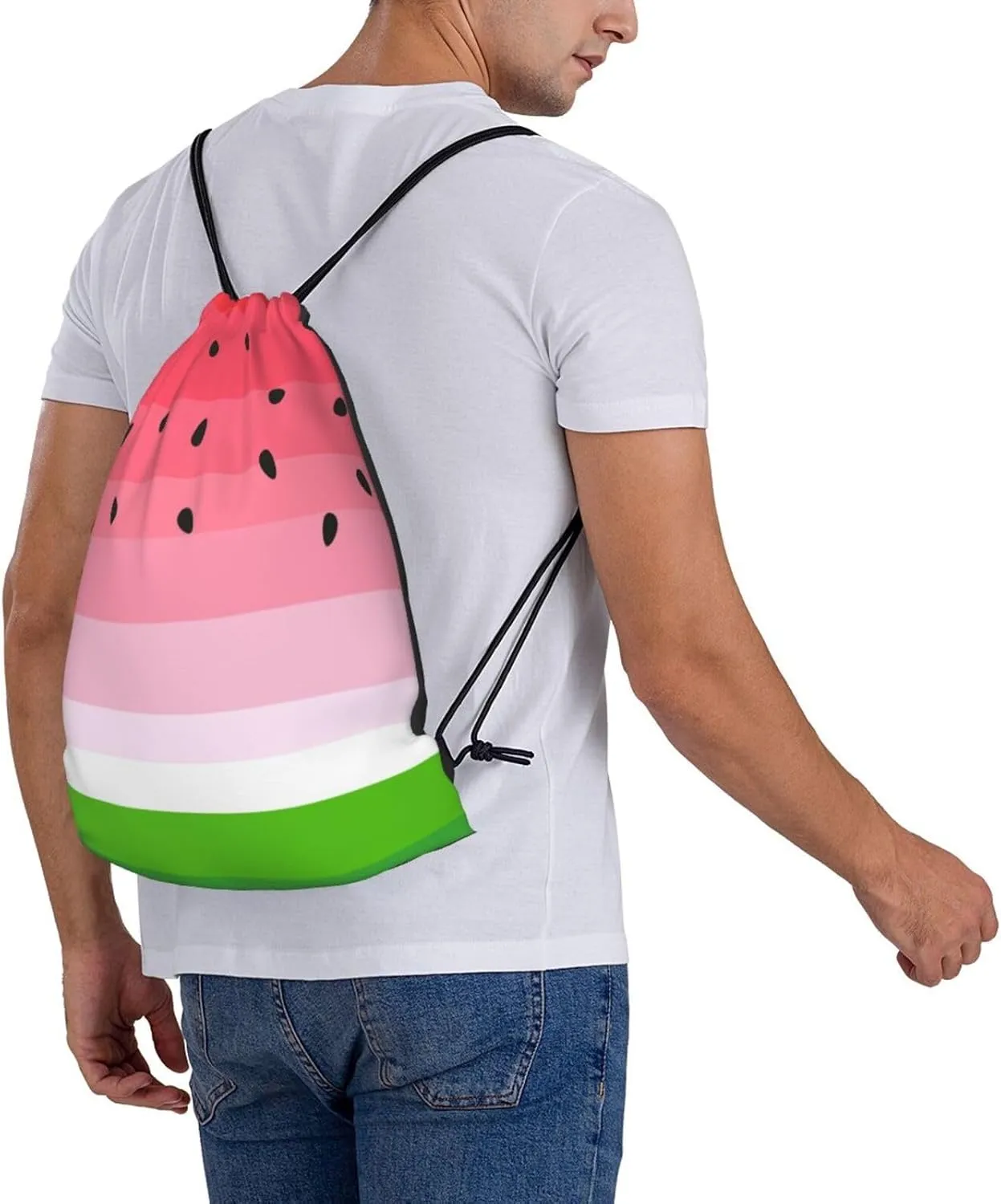 Cute Cartoon Watermelon Drawstring Bags Backpack Bag Watermelon Background with Black Seeds String Bag Tropical Summer Fruit Gym Backpack for Women Men Lightweight Sports Yoga Travel Bag