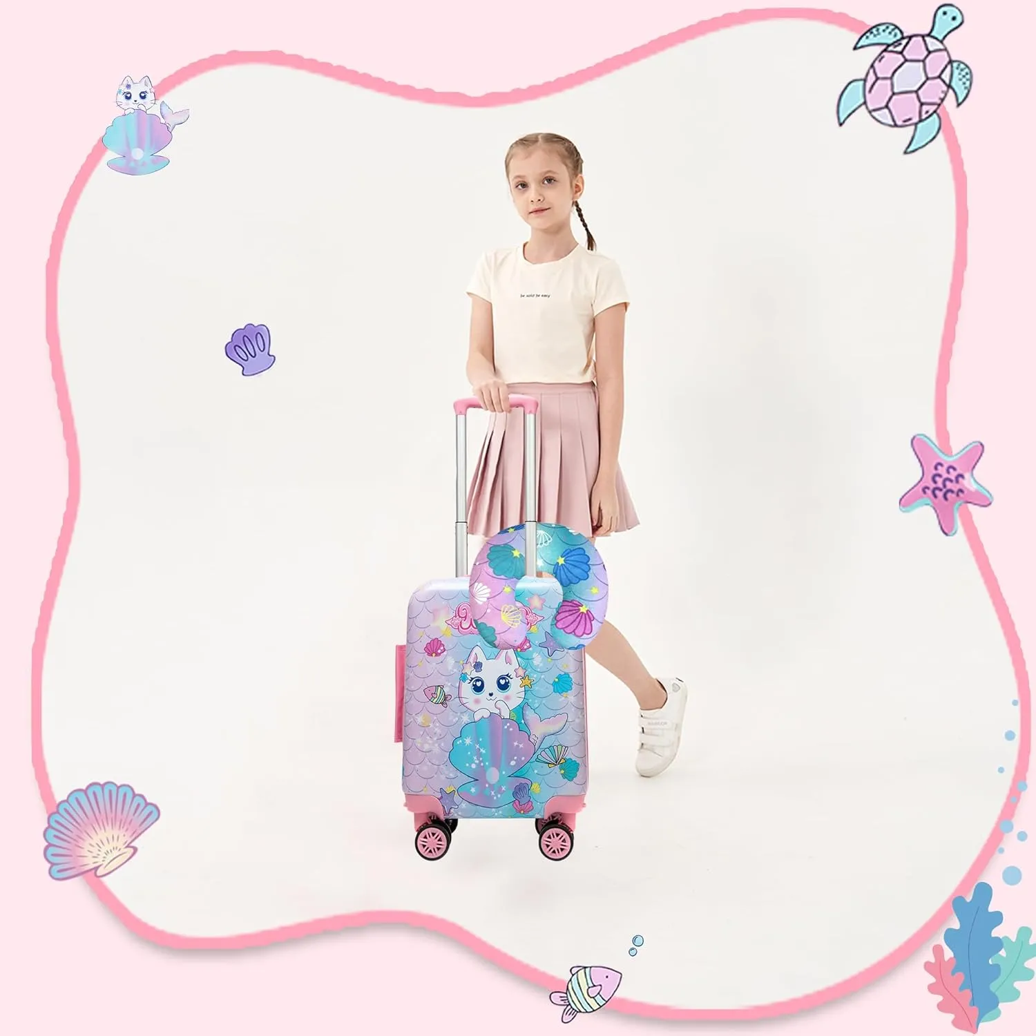 Cute Cat Kid’s Luggage Set 2 Piece Suitcase Set 16" Hardside Luggage with Spinner Wheels Girls Carry on Toddler Travel Rolling Luggage Airline Approved