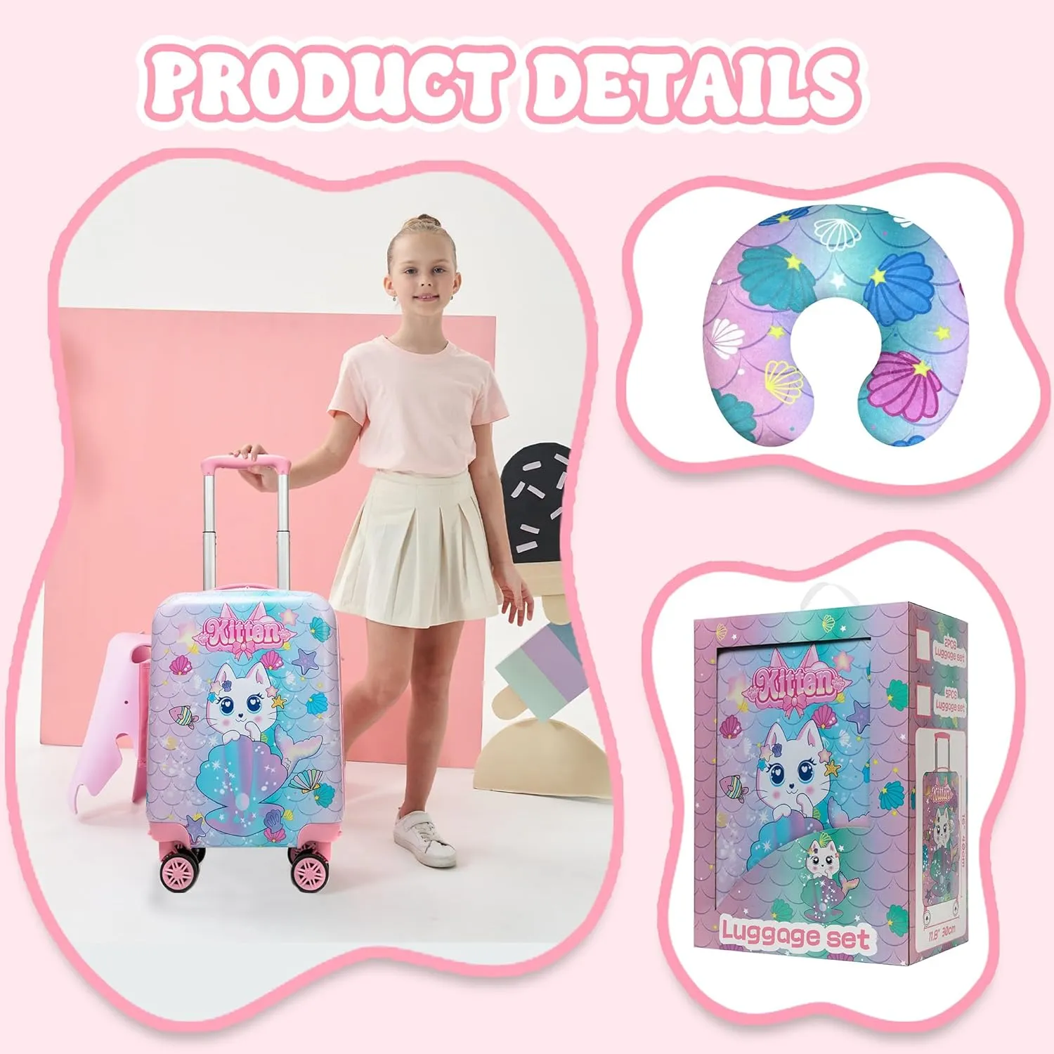Cute Cat Kid’s Luggage Set 2 Piece Suitcase Set 16" Hardside Luggage with Spinner Wheels Girls Carry on Toddler Travel Rolling Luggage Airline Approved