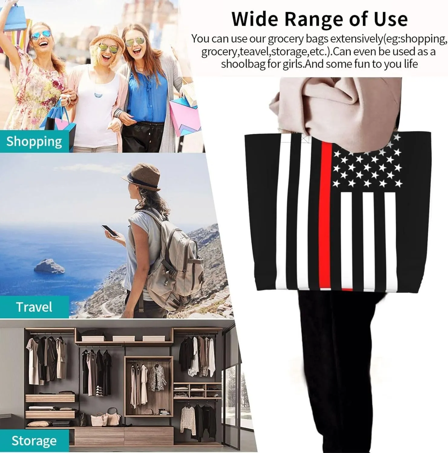 Cute Flag Tote Bag for Women Men Reusable Patriotic Beach Grocery Shopping Bag for Outdoor Gym Shopping