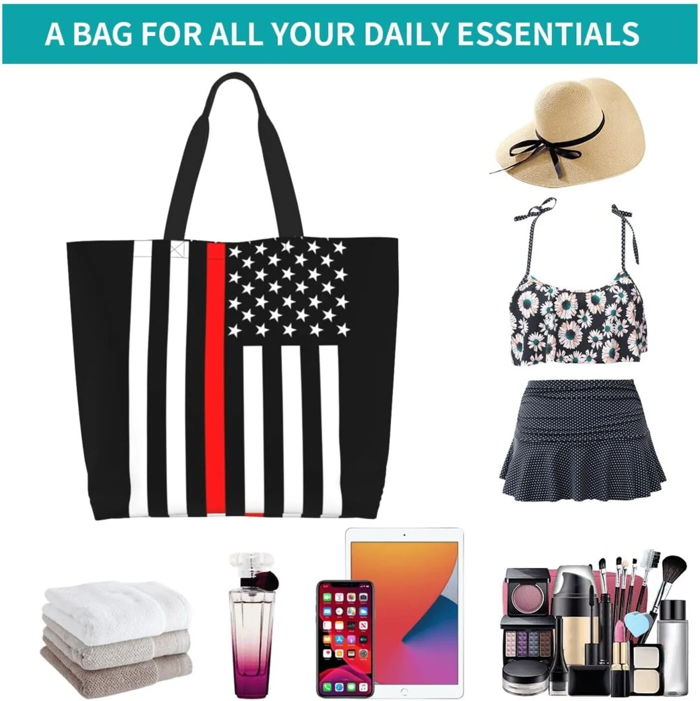 Cute Flag Tote Bag for Women Men Reusable Patriotic Beach Grocery Shopping Bag for Outdoor Gym Shopping