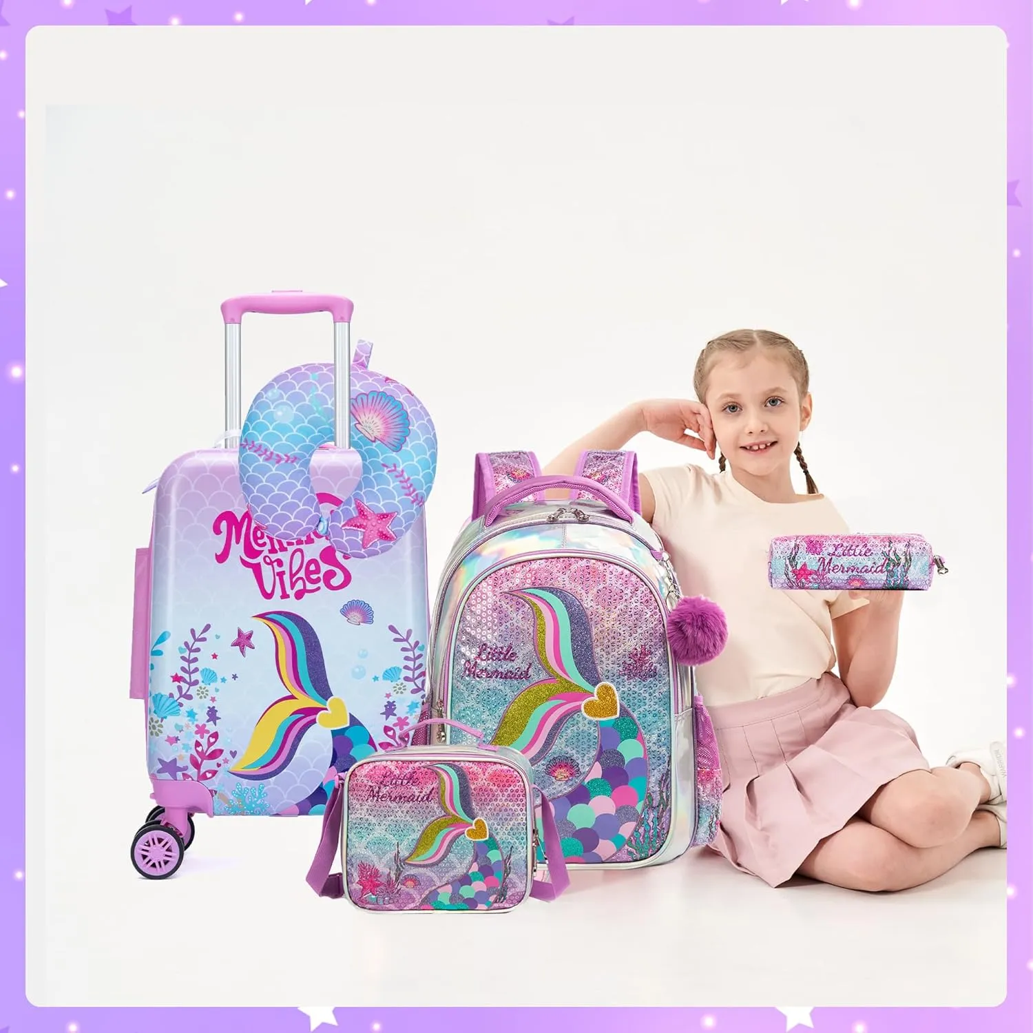 Cute Pink Mermaid Kid’s Luggage Set 5 Piece Suitcase Set 16’’ Hardside Luggage with Spinner Wheels Girls Boys Carry on Toddler Luggage Travel Rolling Luggage Carry on Luggage Airline Approved