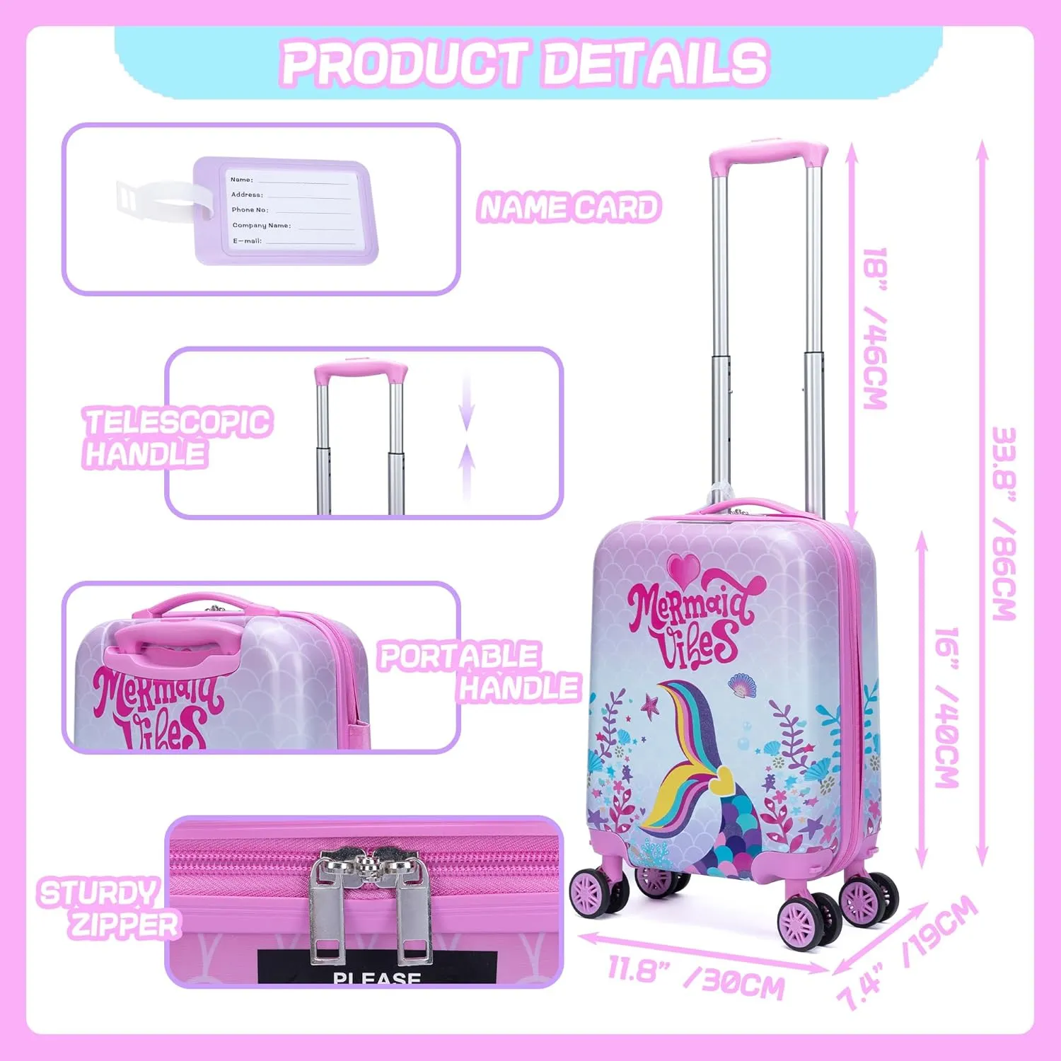 Cute Pink Mermaid Kid’s Luggage Set 5 Piece Suitcase Set 16’’ Hardside Luggage with Spinner Wheels Girls Carry on Toddler Luggage Travel Rolling Suitcase Airline Approved
