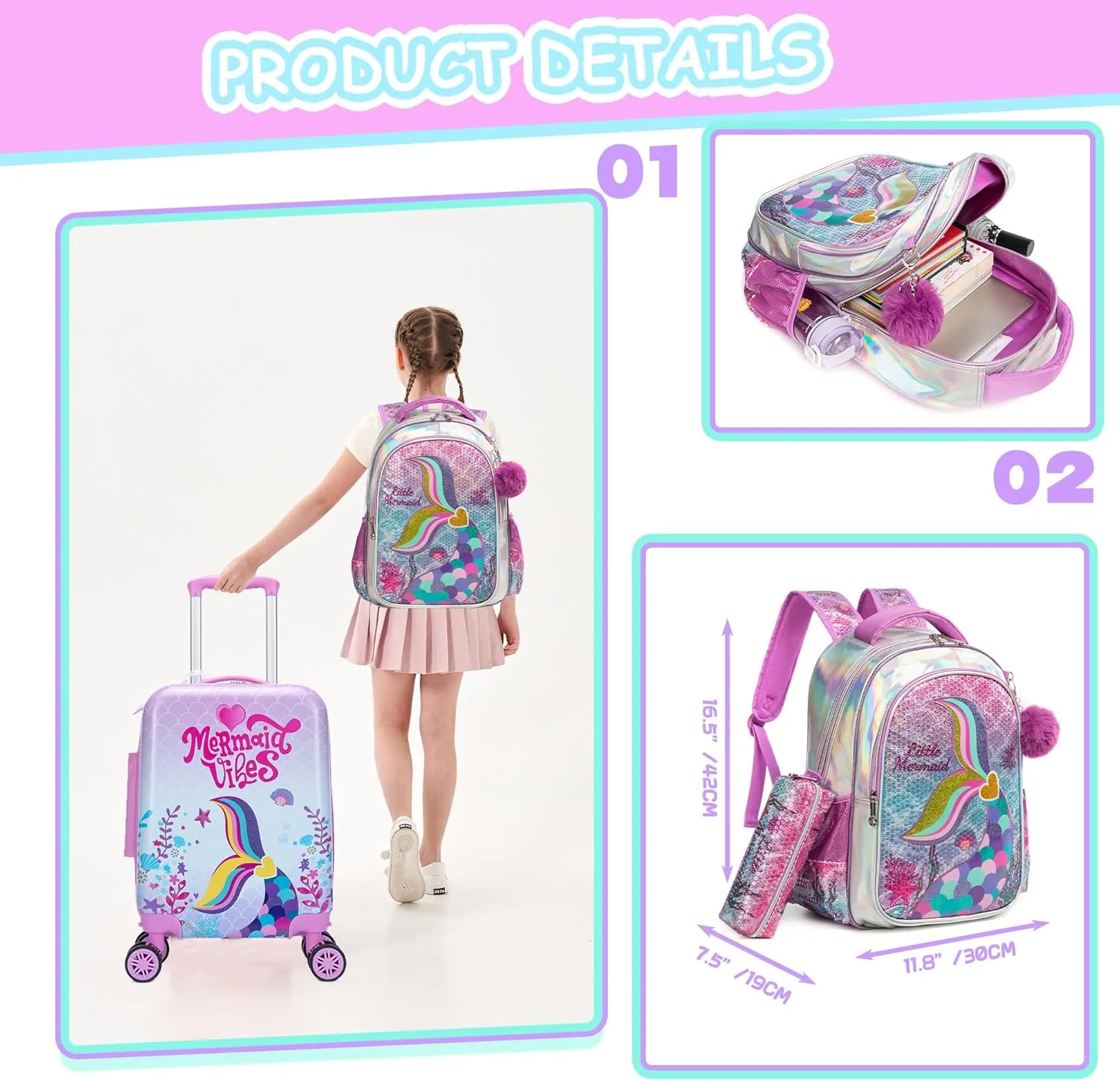 Cute Pink Mermaid Kid’s Luggage Set 5 Piece Suitcase Set 16’’ Hardside Luggage with Spinner Wheels Girls Carry on Toddler Luggage Travel Rolling Suitcase Airline Approved