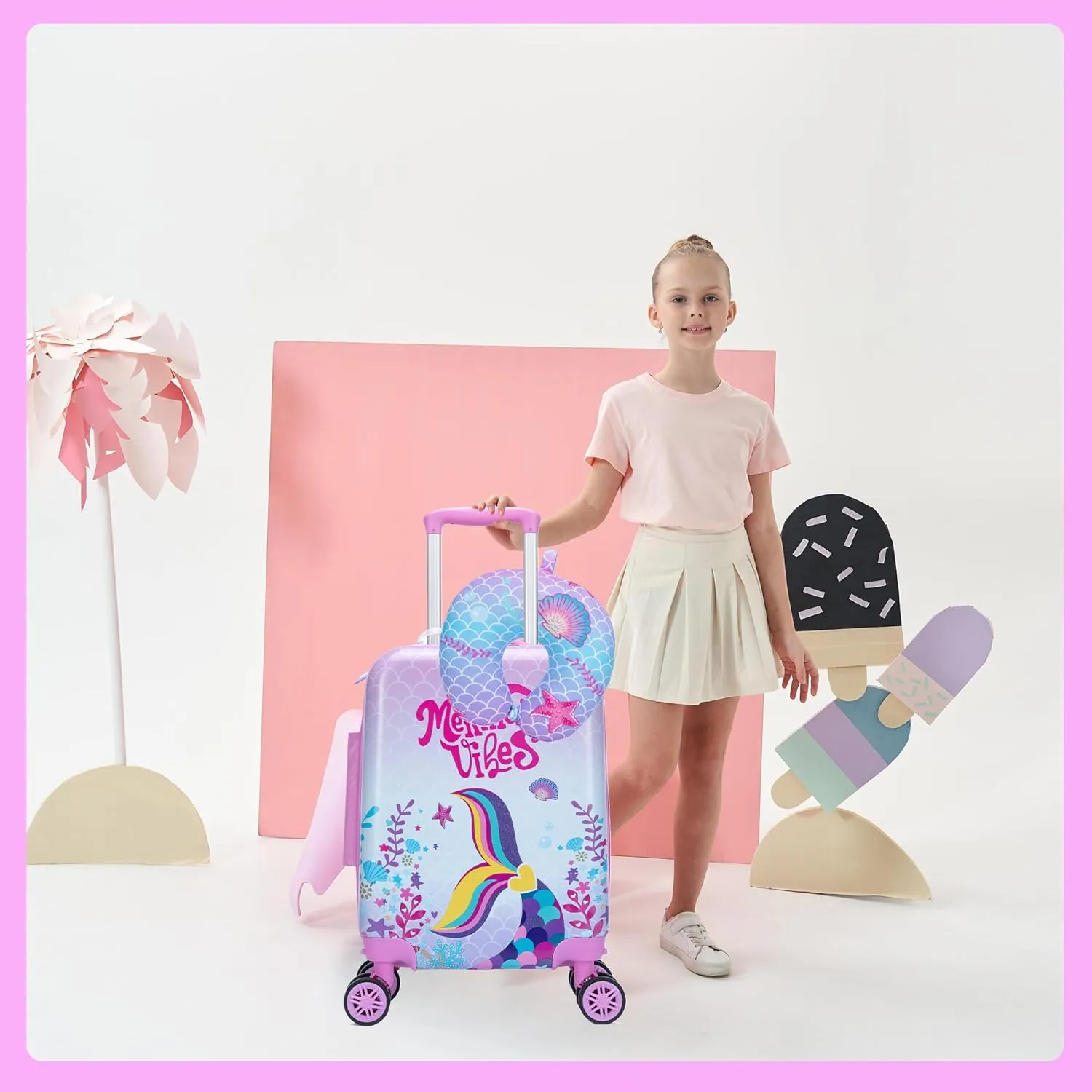Cute Pink Mermaid Kid’s Luggage Set 5 Piece Suitcase Set 16’’ Hardside Luggage with Spinner Wheels Girls Carry on Toddler Luggage Travel Rolling Suitcase Airline Approved
