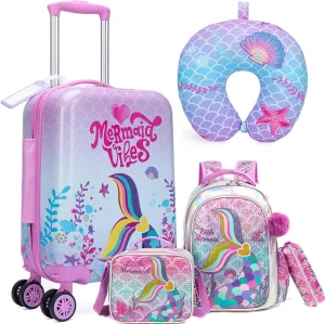 Cute Pink Mermaid Kid’s Luggage Set 5 Piece Suitcase Set 16’’ Hardside Luggage with Spinner Wheels Girls Carry on Toddler Luggage Travel Rolling Suitcase Airline Approved