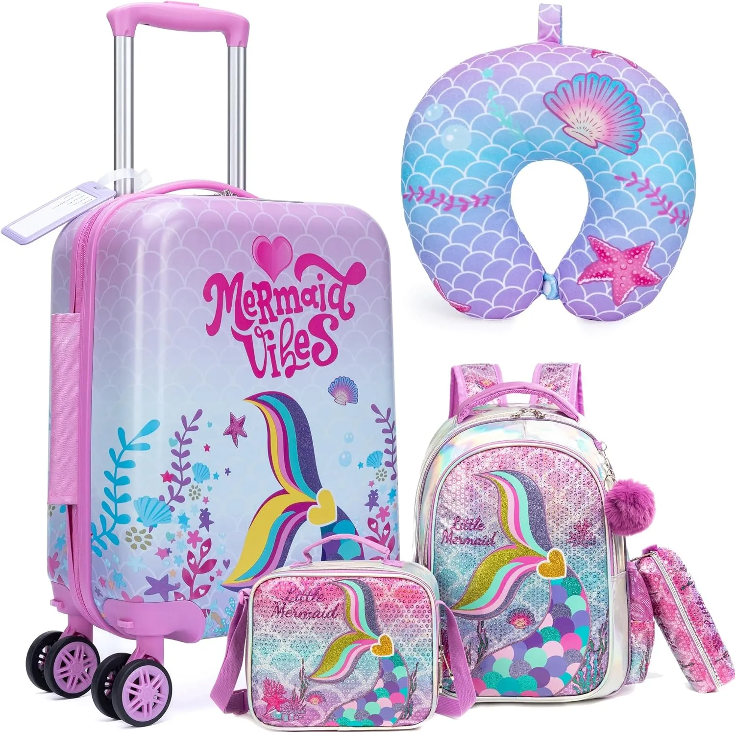 Cute Pink Mermaid Kid’s Luggage Set 5 Piece Suitcase Set 16’’ Hardside Luggage with Spinner Wheels Girls Carry on Toddler Luggage Travel Rolling Suitcase Airline Approved