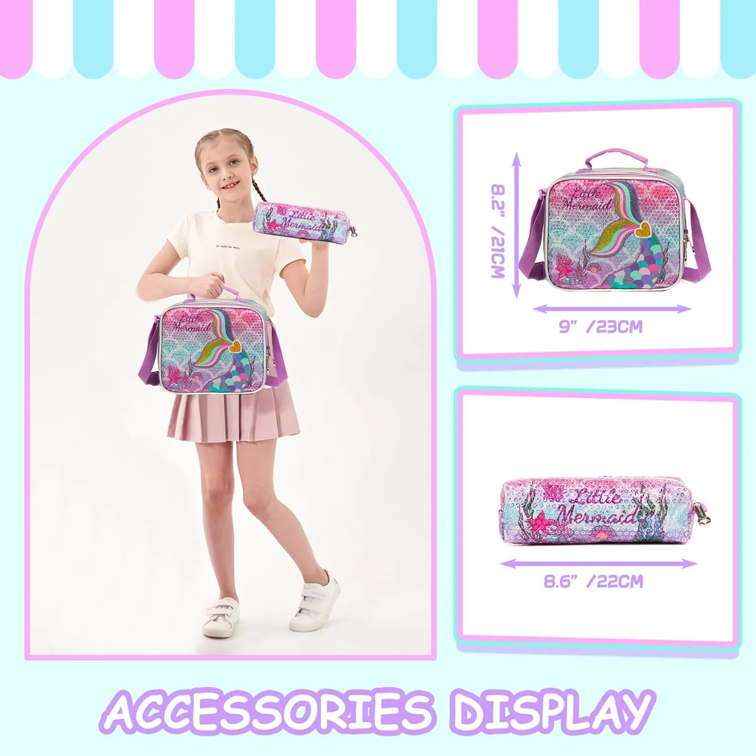 Cute Pink Mermaid Kid’s Luggage Set 5 Piece Suitcase Set 16’’ Hardside Luggage with Spinner Wheels Girls Carry on Toddler Luggage Travel Rolling Suitcase Airline Approved